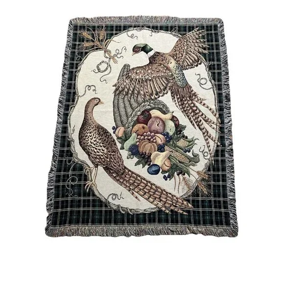 Vtg Tapestry Throw 52x68 Pheasant Cornucopia Harvest Cabin Lodge Fringe Blanket - Picture 2 of 13